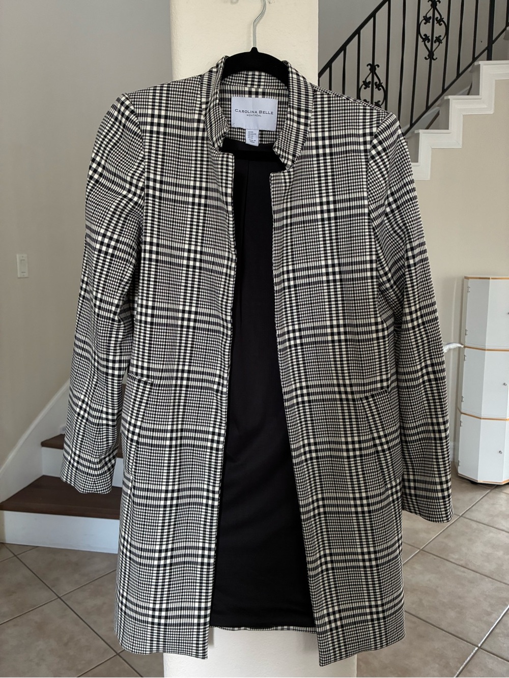 Carolina Belle Black and White Plaid Collarless Blazer Coat